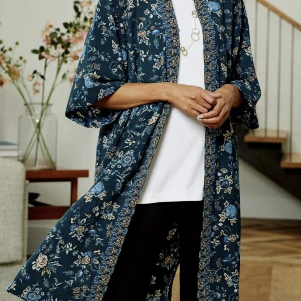 J.‎ Jill Blue Floral Kimono Cardigan One Size Boho Open Front